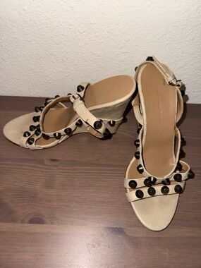 Balenciaga Beige Wedge Sandals with Black Studs